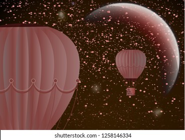Large balloon on a dark night cosmic background with planets and bright stars. Fantasy. Vector illustration