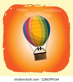 Large balloon with a passenger basket in the sky against the setting sun. Vector illustration