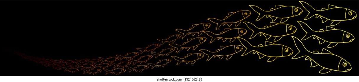 Large banner on a black background, drawn by hand. Fish gradient from yellow to red. For menu and decoration cafe or sushi bar.

