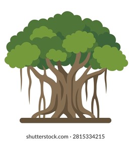 Large Banyan Tree with Aerial Roots Vector Illustration