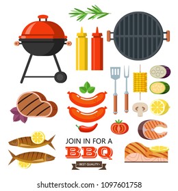 Large barbecue set. Vector illustration in flat style. Barbecue grill, steak, Basil, ketchup, mustard, fish, rosemary, lemon, tomato, trout, salmon, chili, sausage, zucchini, eggplant, mushrooms, cook