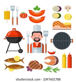 Large barbecue set. Vector illustration in flat style. Cute chef. Barbecue grill, steak, Basil, ketchup, mustard, fish, rosemary, lemon, tomato, trout, salmon, chili, sausage, zucchini, eggplant, mush