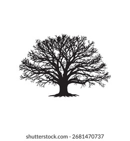 Grande silueta de árbol desnudo con ramas extensas y ramitas. Diseño minimalista en blanco y negro que simboliza la naturaleza, el invierno, la fuerza, la edad y la belleza atemporal.
