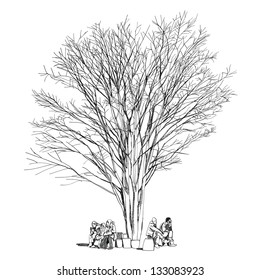 large bare tree without leaves and people - hand drawn
