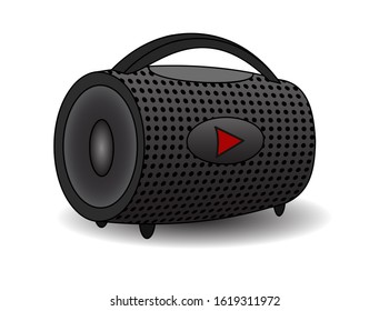 Large barrel-shaped black portable speaker with big red play button. Vector illustration.