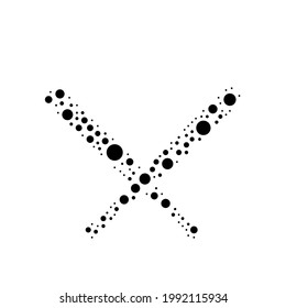 A large baseball bats symbol in the center made in pointillism style. The center symbol is filled with black circles of various sizes. Vector illustration on white background