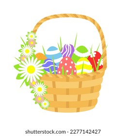 Grosser Korb mit Ostereiern und Blumen. Clipkunst für den Osterurlaub.