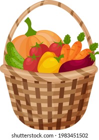 Una gran cesta con verduras frescas maduras, como calabaza, pepino, pimiento, berenjena y tomates y zanahorias. Ilustración vectorial de otoño aislada en fondo blanco.