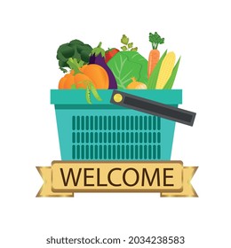 A large basket of vegetables, drawn in vector form, is suitable for the logo or signboard of a store or market with vegetables, a banner is welcome.
