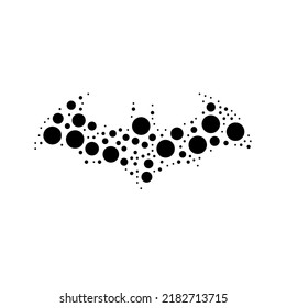 A large bat symbol in the center made in pointillism style. The center symbol is filled with black circles of various sizes. Vector illustration on white background