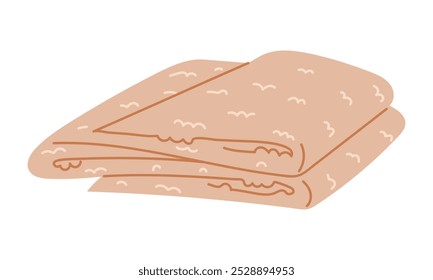 A large bath towel is folded carelessly. A flat illustration of a soft towel for the whole body folded with an accordion. Bath towel for hygiene, bathroom textiles, spa, baths on a white background