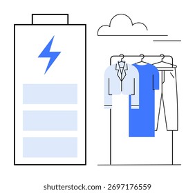 Large battery with lightning bolt icon next to clothing rack with various garments. Ideal for fashion, sustainability, energy consumption, eco-friendly products, renewable energy, minimalist design