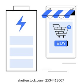 Bateria grande e smartphone com carrinho de compras na tela e botão de compra. Ideal para eficiência no consumo de energia, compras on-line, aplicativos móveis, comércio eletrônico e notificações digitais. Estilo de vetor limpo e moderno