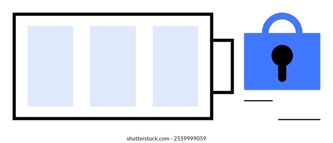 Large battery symbol next to a blue lock icon. Ideal for technology security sustainability energy innovation and digital protection themes. Modern minimal clean style