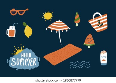 Large Beach set. Cartoon summer vector illustration of accessories. Beach bag, ice cream, Watermelon, lettering Hello Summer. Sun and drink in a jar Doodle style. Vector illustration