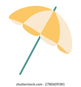 Large beach umbrella with a classic striped pattern in alternating shades of yellow and cream. The illustration shows a tilted angle on a teal pole, designed to provide sun protection and shade. This essential summer accessory is presented in a clean, minimalist style suitable for vacation, travel, and coastal resort themes or heat safety concepts.
