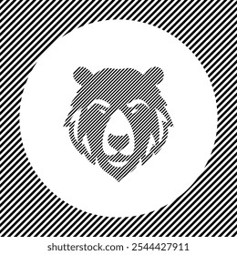 A large bear head icon in the center as a hatch of black lines on a white circle. Interlaced effect. Seamless pattern with striped black and white diagonal slanted lines