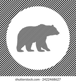 A large bear icon in the center as a hatch of black lines on a white circle. Interlaced effect. Seamless pattern with striped black and white diagonal slanted lines