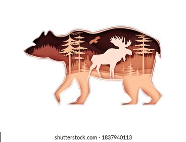 Large bear silhouette with forest nature landscape, bird and elk inside, vector illustration in paper art style. Beauty of nature. Save animals, protect wildlife. Travel, trekking. Multiple exposure.