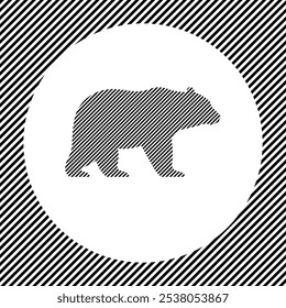 Ein großes Bärensymbol in der Mitte als Schraffur schwarzer Linien auf einem weißen Kreis. Zeilensprungeffekt. Nahtloses Muster mit gestreiften schwarz-weißen diagonalen Linien