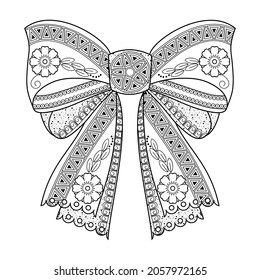 A large beautiful bow with a doodle pattern on a white background. Anti-stress coloring book for children and adults. Isolated decorative element for design