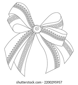 A large beautiful bow with a doodle pattern on a white background. Anti-stress coloring book for children and adults. Isolated decorative element for design