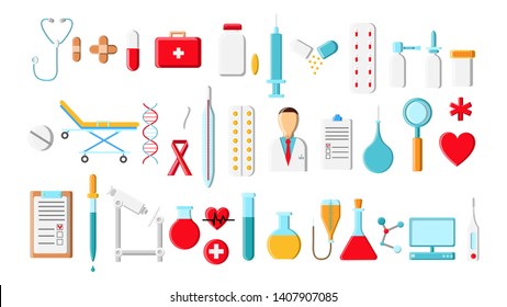 A large beautiful bright colored set of medical items and tools of a pharmacy or doctor's office, thermometer tablets syringes medication flasks on a white background. Vector illustration