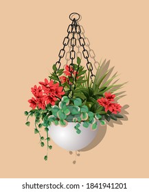 Large beautiful bush of different plants with hanging red flowers in a flower pot isolated on warm background. Vector illustration. Houseplant design element for modern interior room