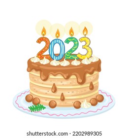 Large beautiful Christmas cake with colorful candles. New 2023 year. In cartoon style. Isolated on white background. Vector illustration