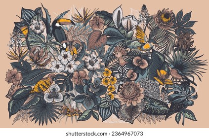 Grosser, schöner, bunter Vektorhintergrund mit exotischen tropischen Vögeln, Blumen und Pflanzen