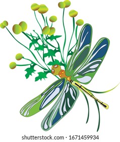 Große, schöne Libelle mit anmutigen glänzenden Flügeln im Flug über die Sommergrüne mit gelben Blumen. Illustration von Vektorillustrationen, geeignet für Designabdrücke, Sommermuster und -karten, saisonale Werbung