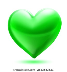 Large beautiful green heart with glares and soft shadow, isolated on white background