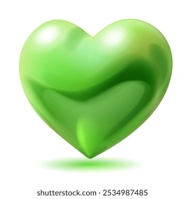 Large beautiful green heart with glares and soft shadow, isolated on white background