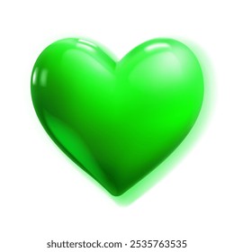 Large beautiful green heart with glares and soft shadow, isolated on white background