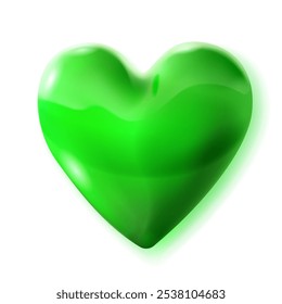 Large beautiful green heart with glares and soft shadow, isolated on white background