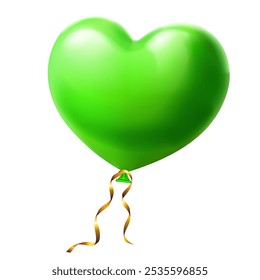 Large beautiful green heart shaped balloon with glares and golden serpentine, isolated on white background