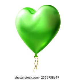 Large beautiful green heart shaped balloon with glares and golden serpentine, isolated on white background