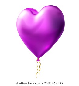 Grande hermoso globo púrpura en forma de corazón con brillos y serpentina dorada, aislado sobre fondo blanco