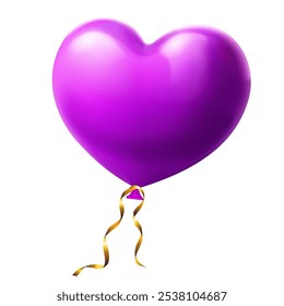 Large beautiful purple heart shaped balloon with glares and golden serpentine, isolated on white background
