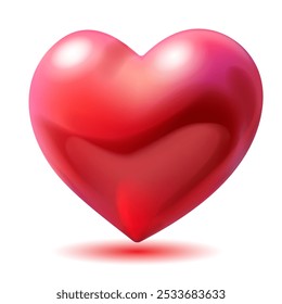 Large beautiful red heart with glares and soft shadow, isolated on white background