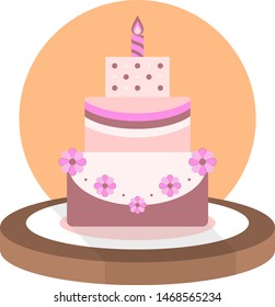 Large beautiful three tier birthday cake in shades of pink, decorated with flowers, ribbons and candle, on a plate on a wooden table (+ round orange background), vector graphics, vector illustration