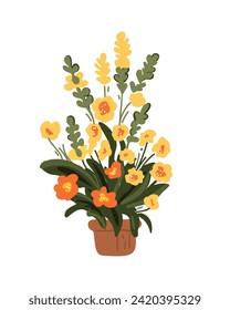 Large and beautiful yellow flowers in a pot, vector illustration