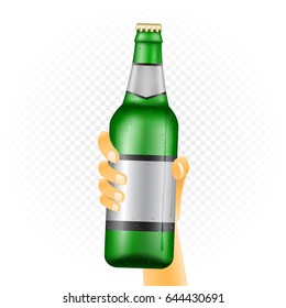 Large beer bottle template hold up in hand isolated on white transparent background. Can of drink show concept with water condensate