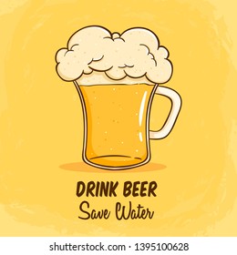 Large beer glass full of foam with colored hand drawn style on yellow background