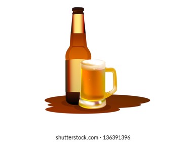 Large beer mug and bottle. Vector