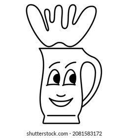 A large beer mug. The foam splashed. A mug with a hot drink. A face with emotion. Vector icon, outline, isolated. Editable stroke.
