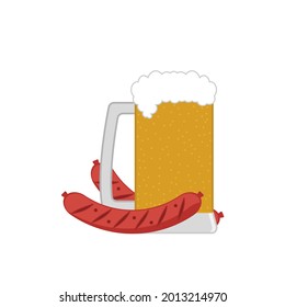 Large beer mug with fried sausages. Isolated vector illustration and clipart on blank background.