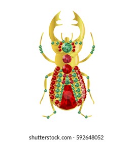 Large beetle of gold and precious stones, red, magenta and green. Rubies, emeralds and garnets. Jewelry. Vector illustration, isolated on a white background.