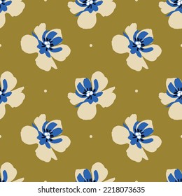 Large beige and blue flower buds on a retro green background. Beautiful vector floral pattern for wrapping, stationery, textile design. Minimal and elegant pattern.