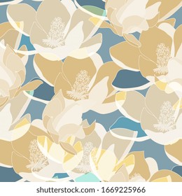 Large beige  cream  light blue color inflorescences flowers  Floral seamless pattern  Vector illustration and hand drawn plants 